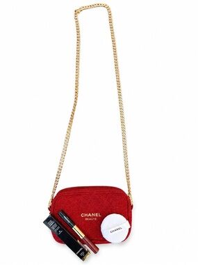 NWT Chanel Beauté Red Cosmetic Pouch Chain Bundle w/ Lip Color & Puff